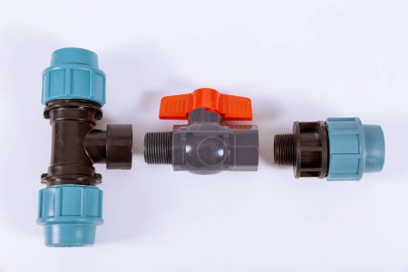 Foto de Many PVC plastic solenoid drain valve for connecting the supply water with isolated on white background - Imagen libre de derechos