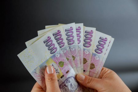 In den Händen der Frau befinden sich Banknoten im Wert von tausend tschechischen Kronen, tschechische Währung und Geld aus europäischen Ländern. Kauf und Verkauf.