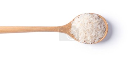Psyllium husk in wood spoon isolated on white background, top view