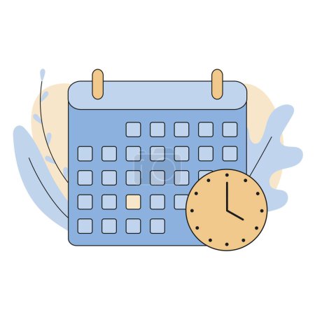Calendario con icono de reloj. Concepto de cita de la organización, horario, fecha límite, calendario. Ilustración vectorial, diseño plano de dibujos animados. Vector