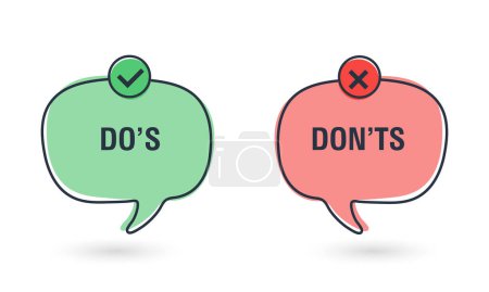 Illustration for Do and Dont simple icons, vector elements. Check mark and cross in speech bubbles, used to indicate rules of conduct or response versions. Vector flat illustration - Royalty Free Image
