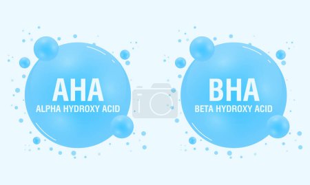 Téléchargez les illustrations : Vector set of AHA and BHA icons. Beta hydroxy acid and alpha hydroxy acid. Acids used as a face serum or solution. Dermal and beauty. Vector - en licence libre de droit