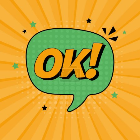 Illustration for Comic speech bubble with expression text ok. Vector bright dynamic cartoon illustration in retro pop art style isolated on orange background. Vector bright illustration - Royalty Free Image
