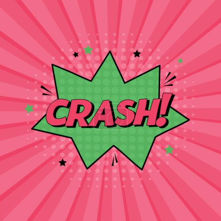 Illustration for Comic speech bubble with expression text crash. Vector bright dynamic cartoon illustration in retro pop art style isolated on pink background. Vector bright illustration - Royalty Free Image