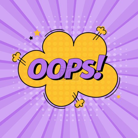Illustration for Comic speech bubble with expression text oops. Vector bright dynamic cartoon illustration in retro pop art style isolated on purple background. Vector bright illustration - Royalty Free Image
