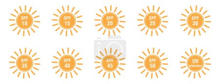 Ilustración de Conjunto de iconos planos de protección solar SPF aislados sobre fondo blanco. Iconos para productos de protección solar u otros cosméticos para la piel. Ilustración plana del vector - Imagen libre de derechos