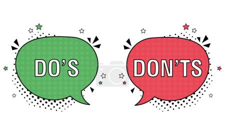 Illustration for Comic speech bubble with dos and donts icons. Vector bright dynamic cartoon illustration in retro pop art style. Vector flat illustration - Royalty Free Image