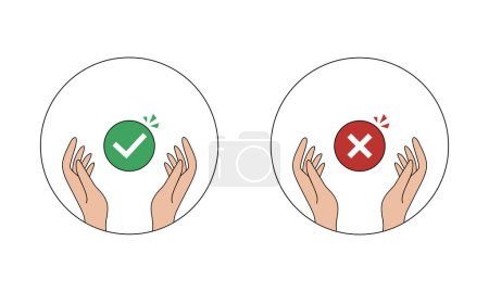 Manos mostrando símbolos correctos e incorrectos en forma de círculo.