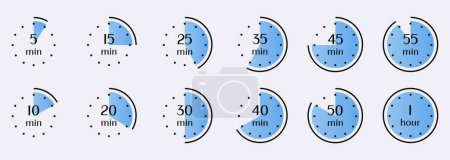 Visuelle Darstellung von Zeitintervallen von 5 Minuten bis 1 Stunde. Timer, Uhr, Stoppuhr isolierte Set-Symbole.