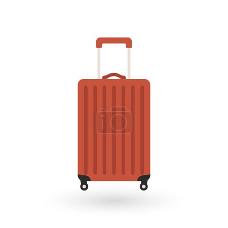 Red rolling suitcase with extended handle.