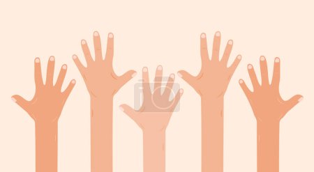Raised hands illustration with diverse skin tones.