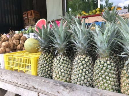 Foto de Piña fresca ordenada cuidadosamente en el mercado tradicional - Imagen libre de derechos