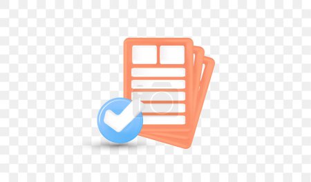 Isolated 3D Approved Document Paper Icon. Stack of Sheets with Approval Check. Verified Business Concept, Document. Business Contracts. Vector Illustration