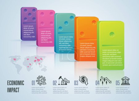 Illustration for Concept of financial crisis or economic impact, graphic of colourful dominos as business infographics - Royalty Free Image