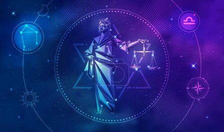 Illustration for Libra horoscope sign in twelve zodiac with galaxy stars background, graphic of low poly justice goddess with futuristic astrological element - Royalty Free Image