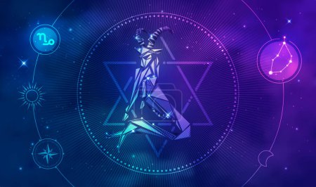 Capricorn horoscope sign in twelve zodiac with galaxy stars background, graphic of low poly creature character with futuristic astrological element