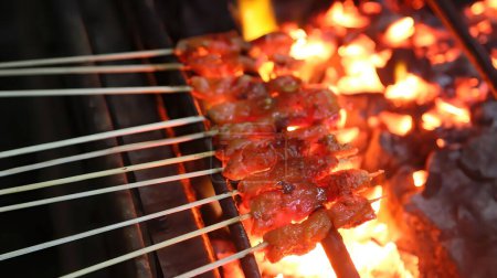 Chicken satay grilled on the grill at night