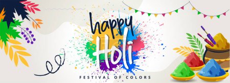 Illustration for Happy holi festival of colors. Web banner design, colorful background with paint splash powder explosion. Indian festival in India. Hindu culture.  Holi design vector illustration. - Royalty Free Image