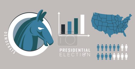 Burro demócrata Elecciones presidenciales de Estados Unidos 2024 Banner con infografías de demócratas. Estadísticas de la campaña electoral americana o resultados del partido democrático. Símbolo electoral con mapa azul y gráficos.