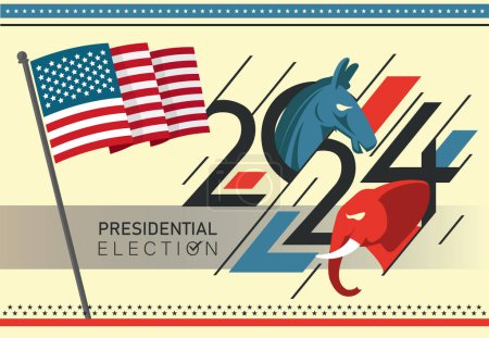 Illustration for US Presidential Election Banner Background for year 2024. American Election campaign between democrats and republicans. Electoral symbols of both political parties. United States of America USA Flag. - Royalty Free Image