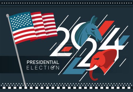 US Presidential Election Banner Background for year 2024. American Election campaign between democrats and republicans. Electoral symbols of both political parties. United States of America USA Flag.