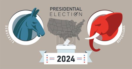 US Presidential Election 2024 Banner Background. American Election campaign between democrats and republicans. Electoral symbols of both political parties. United States of America USA Map.