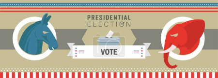 Hintergrund der US-Präsidentschaftswahl 2024. Amerikanischer Wahlkampf zwischen Demokraten und Republikanern. Wahlsymbole beider Parteien. Vereinigten Staaten von Amerika USA Karte.