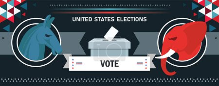 Illustration for US Election concept Banner. American Presidential Election campaign between democrats and republicans. Political parties. Elephant and donkey. USA flag theme. Vote America. Ballot box. - Royalty Free Image