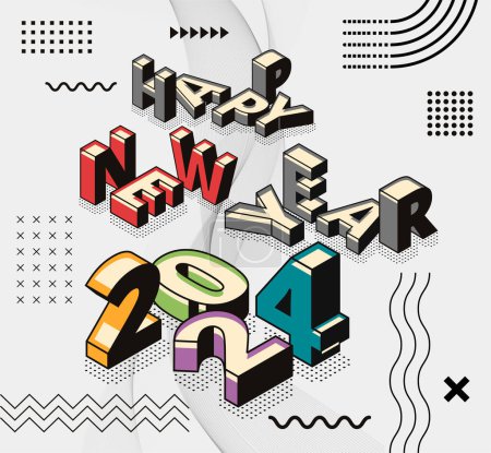 Illustration for New year 2024 banner design with modern geometric abstract background in retro style. happy new year greeting card cover for 2024 calligraphy typography with colorful shapes. isometric vector. - Royalty Free Image