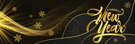 Illustration for Happy new year banner with golden black background. happy new year greeting card cover includes snowflakes, gold color waves lines fireworks. Premium Elite royal elegant design. Vector illustration. - Royalty Free Image