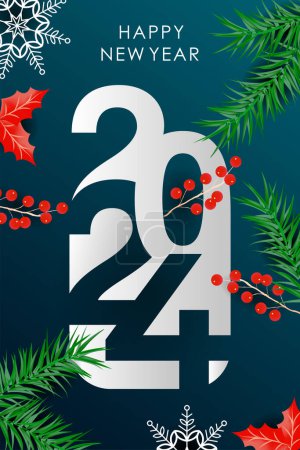 Illustration for New year 2024 banner design with modern geometric abstract background in Christmas style. happy new year greeting card cover for 2024 calligraphy typography winter leaves. Backdrop roll up poster. - Royalty Free Image