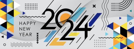 Ilustración de Feliz año nuevo 2024 cubierta con fondo abstracto geométrico moderno en estilo retro. feliz año nuevo diseño de banner de tarjeta de felicitación para 2024 caligrafía incluye formas amarillas azules. Ilustración vectorial - Imagen libre de derechos