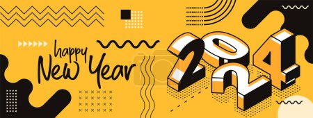 Illustration for Happy new year 2024 retro style cover with modern geometric abstract background with isometric. happy new year greeting card banner design for 2024 resolution. Yellow black Vector illustration - Royalty Free Image