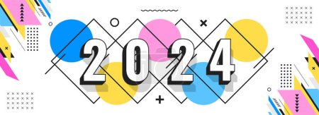 Illustration for Happy new year 2024 art banner design with modern geometric abstract background in colorful style. happy new year greeting card cover for 2024 typography with shapes. Creative Vector illustration. - Royalty Free Image