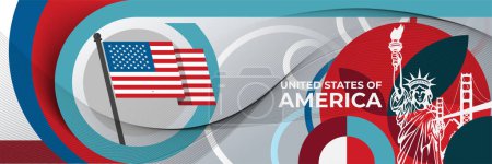 Illustration for USA flag or United States of America independence day geometric web banner for 4th of July. Red Blue modern corporate abstract retro background design with American flag theme. US Vector Illustration. - Royalty Free Image