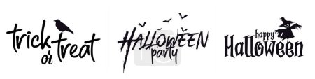Illustration for Happy Halloween party titles set of logo isolated on white background for October event, flying black bats, scarecrow. Halloween Trick or treat. Vector Illustration. Solid black icons. - Royalty Free Image