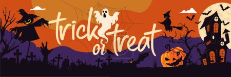 Illustration for Happy Halloween party banner for October event, orange purple background and scary smiling pumpkin, white ghost, flying black bats, scarecrow, creepy witch. Halloween graveyard night. Trick or treat. - Royalty Free Image