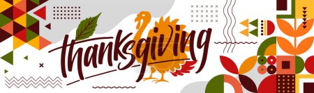 Téléchargez les illustrations : Happy thanksgiving festival banner design avec typographie, oiseau de dinde et abstraites formes géométriques colorées et fond rétro. Illustration vectorielle - en licence libre de droit