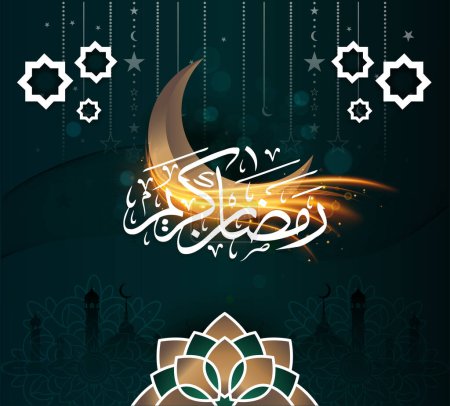 Ramadan Kareem banner design stating "Happy Ramadhan" for hijri Islamic month. Green Golden Traditional creative background with Arabic calligraphy art. Half Moon and gold flowers.