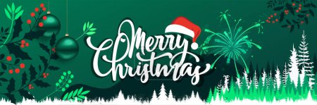 Illustration for Merry Christmas banner with winter theme snow design background. Christmas ornaments calligraphy with Santa hat and red green blue gifts with Snowflakes pine trees fireworks. Vector Illustration. - Royalty Free Image