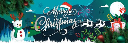 Illustration for Merry Christmas banner with winter theme snow design background. Christmas calligraphy with Santa hat snowman reindeers and red green blue gifts with Snowflakes pine trees. Vector Illustration - Royalty Free Image