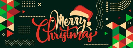 Illustration for Merry Christmas type banner with abstract retro style modern design background. Christmas calligraphy with Santa hat and red green triangles geometric shapes. Vector illustration - Royalty Free Image