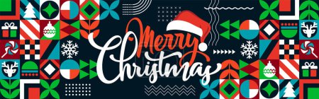 Illustration for Merry Christmas web banner with abstract retro style modern design background. Christmas calligraphy with Santa hat and red green blue geometric shapes and icons. Vector illustration - Royalty Free Image