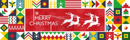 Ilustración de Feliz Navidad banner con abstracto estilo retro moderno fondo de diseño con renos de Santa. Rojo verde formas geométricas blancas y copos de nieve de invierno iconos textura. Ilustración vectorial - Imagen libre de derechos