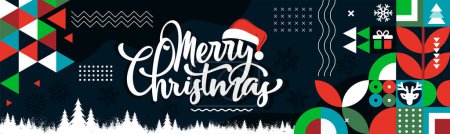 Illustration for Merry Christmas web banner with abstract retro style modern winter snow design background. Christmas calligraphy with Santa hat and red green blue geometric shapes and icons. Snowflakes trees Vector - Royalty Free Image