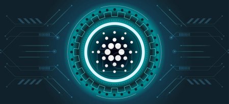 Cardano logo with crypto currency themed circle black background design. Modern neon color banner for ADA token icon. Cardano Cryptocurrency Blockchain technology concept. Dark waves illustration.