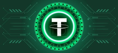 Tether coin symbol with crypto currency themed background design. Modern neon color banner for Tether or USDT icon. Cryptocurrency Blockchain technology, digital FIAT or trade exchange concept.