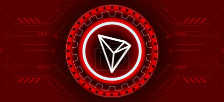 Tron coin symbol with crypto currency themed background design. Modern neon color banner for Tron or TRX icon. Cryptocurrency Blockchain technology, digital innovation or trade exchange