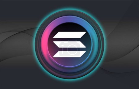 Logo Solana con criptomoneda temática círculo negro de diseño de fondo. Banner de color neón moderno para el icono de símbolo SOL. Concepto de tecnología Solana Cryptocurrency Blockchain.