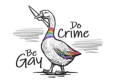 Illustration for LGBT Goose Pride Vector design. Gay Goose rainbow colored holding knife for LGBTQ slogan "Be Gay Do Crime". Sketch or hand drawn style. Print for mockups or products. - Royalty Free Image